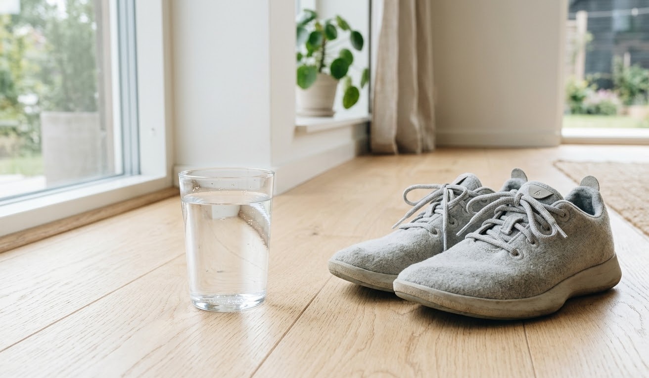 Bicchiere d&rsquo;acqua accanto a scarpe da passeggio su un pavimento di legno